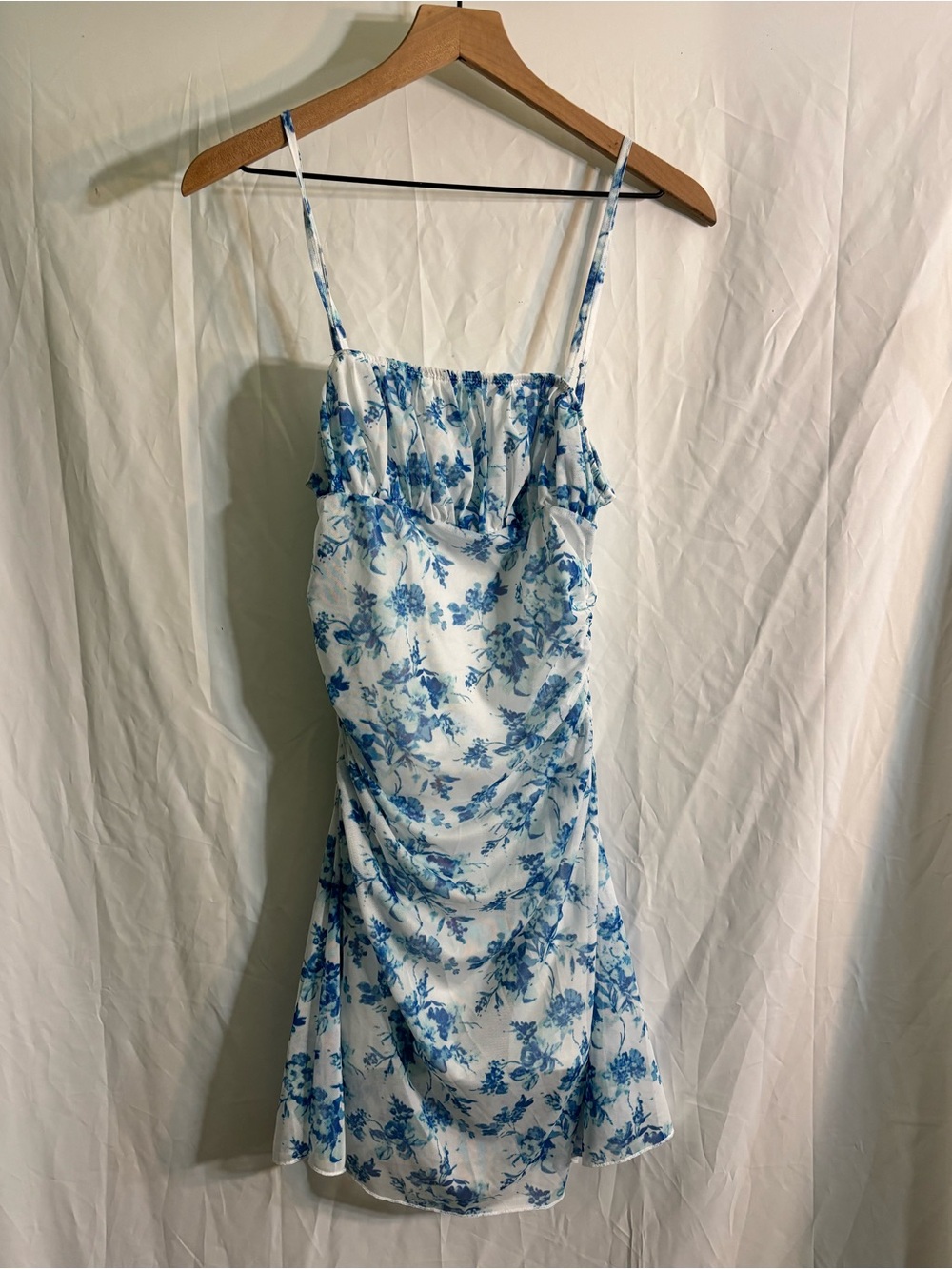 SHEIN White and Blue Floral Spaghetti Strap Mini Dress